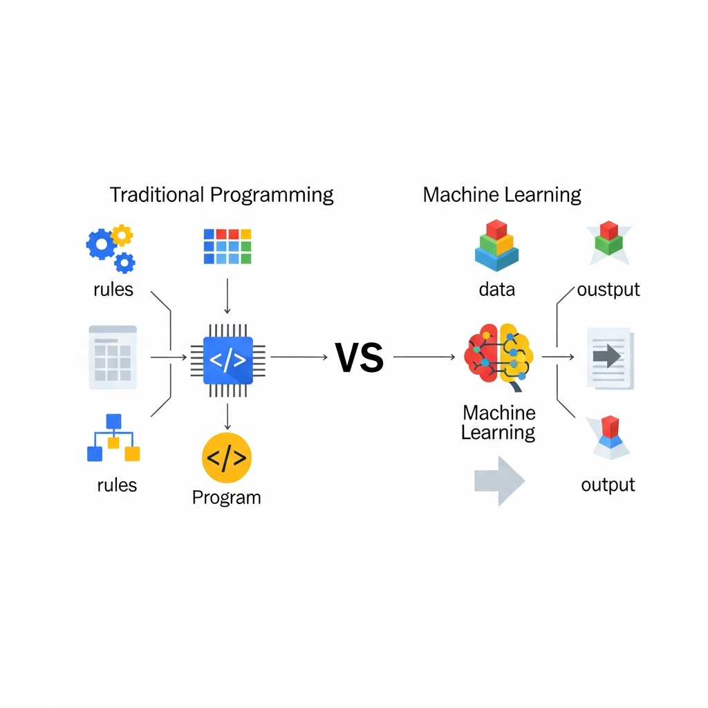 従来プログラミング vs 機械学習の比較図