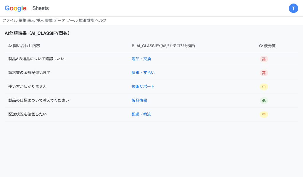 AI_CLASSIFY関数の実行結果画面