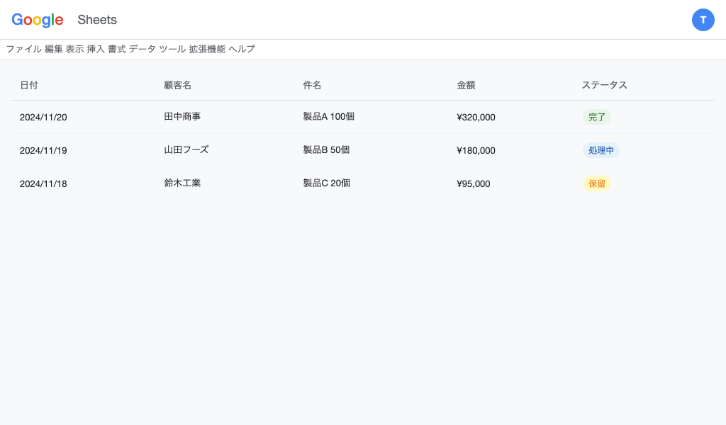 自動転記されたスプレッドシート画面